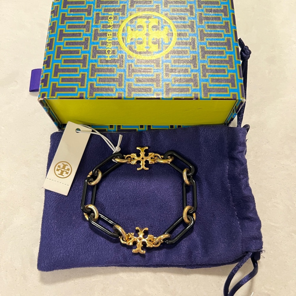 Tory Burch Roxanne Chain Bracelet- Black&Gold